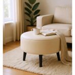 Waterybrook Suni Deri Large Puf - Beyaz Ahşap Ayaklı - Retro Modern Tasarım & Dekoratif Sehpa - Krem
