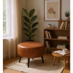 Waterybrook Suni Deri Large Puf - Beyaz Ahşap Ayaklı - Retro Modern Tasarım & Dekoratif Sehpa - Taba - Kahverengi
