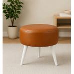 Waterybrook Suni Deri Puf - Beyaz Ahşap Ayaklı - Retro Modern Tasarım & Dekoratif Sehpa - Taba