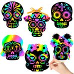 WATINC WT-Skull kazıma kartı, 60 adet kazıma kağıdı kartı, kendin yap kafatası kazıma el işi sanat seti, cadılar bayramı partisi için, sihirli gökkuşağı renkli kazıma kartları, ahşap kalem ve bantlarla