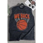We Back Yazılı Yıkamalı Kolsuz Tişört, Unisex Basketbol Temalı Sıfır Kollu Vintage Atlet - Siyah - 4XL