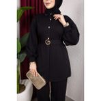 Weak Blue Kemer Detaylı Tesettür Ikili-Düğmeli Tunik Bol Paça Şık Günlük Takım Kombin - Siyah - 38