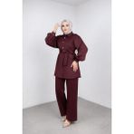 Weak Blue Şık Tesettür Tunik Pantolon Takım – Kuşaklı Düğmeli Uzun Kollu Ikili Takım - Bordo - 48