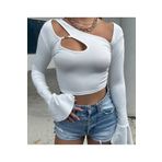 WEAR AND WEAR Kadın Beyaz Asimetrik Yaka Cut Out Detay Pencereli Tokalı Scuba Ispanyol Kol Bluz Volanlı Kol Crop