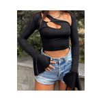 WEAR AND WEAR Kadın Siyah Asimetrik Yaka Cut Out Detay Pencereli Tokalı Scuba Ispanyol Kol Bluz Volanlı Kol Crop