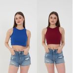 Wearflawless 2'li Adet Kadın Halter Yaka Fitilli Askılı Sıfır Kol Crop Atlet Bluz (Bordo-Mavi, M)