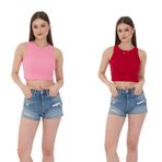 Wearflawless 2'li Adet Kadın Halter Yaka Fitilli Askılı Sıfır Kol Crop Atlet Bluz (Pembe-Kırmızı, M)