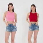Wearflawless 2'li Adet Kadın Halter Yaka Fitilli Askılı Sıfır Kol Crop Atlet Bluz (Pembe-Kırmızı, S)
