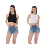 Wearflawless 2'li Adet Kadın Halter Yaka Fitilli Askılı Sıfır Kol Crop Atlet Bluz (Siyah-Beyaz, M)