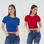 Wearflawless Kadın 2 Li Adet Fitilli Pamuklu Bisiklet Yaka Örme Kaşkorse Crop T-shirt (Kırmızı-Mavi, L)
