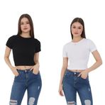 Wearflawless Kadın 2 Li Adet Fitilli Pamuklu Bisiklet Yaka Örme Kaşkorse Crop T-shirt (Siyah-Beyaz, M)