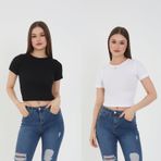 Wearflawless Kadın 2 Li Adet Fitilli Pamuklu Bisiklet Yaka Örme Kaşkorse Crop T-shirt (Siyah-Beyaz, S)