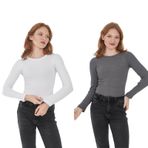 Wearflawless Kadın 2' Li Bisiklet Yaka Uzun Kollu Fitilli Bluz Set (beyaz-gri, M)