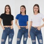 Wearflawless Kadın 3 Lü Adet Fitilli Pamuklu Bisiklet Yaka Örme Kaşkorse Crop T-shirt (Siyah-Beyaz-Mavi, M)