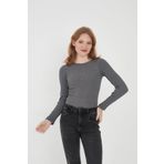 Wearflawless Kadın Bisiklet Yaka Uzun Kollu Fitilli Bluz (Gri, S)