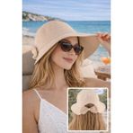 Wearflawless Kadın Keten Bucket Fiyonklu Yazlık Plaj Şapkası, Ayarlanabilir Geniş Kenarlı Tatil Şapkası - Standart - Bej