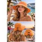 Wearflawless Kadın Keten Bucket Fiyonklu Yazlık Plaj Şapkası, Ayarlanabilir Geniş Kenarlı Tatil Şapkası - Standart - Turuncu