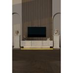 webotto 8 Almadfes Led Işıklı Tv Ünitesi 190cm Sağ ve Sol 2 Yanı Kitaplıklı 3 Kapaklı Modern Çizgi Traverten