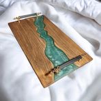 websunday El Yapımı Epoksi Doğal Ahşap Tepsi, Dikdörtgen, Yeşil, 35 x 20 cm, Söz Tepsisi, Kahve Sunumluk, Dekoratif (Nil Yeşil)