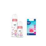 Wee Baby Desenli Cam Biberon + Silikon Damaklı Emzik Seti, 125 ml ve 250 ml, Çok Renkli