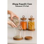 welcomein 3lü Ahşap Kapaklı Cam Kavanoz Seti Vakum Kapaklı Büyük Boy Erzak Bakliyat Seti Gıda Saklama Kabı