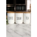 welcomein 3’lü Seramik Bambu Kapaklı Beyaz Kavanoz Seti 1000 ML – Coffee / Sugar / Tea – Bambu Kapaklı