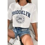 WELLOCE Beyaz Kadın Brooklyn Baskılı Crop T-shirt