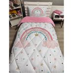 Welsoft Pofuduk Çift Taraflı Gökkuşağı Desenli Pamuk Polyester Tek Kişilik Yorgan Uyku Seti - Pembe