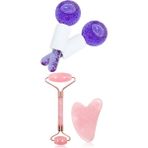 Welta Ice Globes Buz Küresi Soğuk Masaj Terapi Topu 2 Adet ve Pembe Kuvars Face Roller ve Pembe Kuvars Kalp Gua Sha Seti - Mor