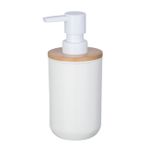 WENKO Posa sabunluk, sıvı sabun, losyon veya deterjan için doldurulabilir pompalı dağıtıcı, sürdürülebilir bambu desenli beyaz plastik, (G x Y x D): 7 x 16,5 x 8 cm, kapasite yaklaşık 330 ml