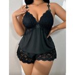 Wesby Büyük Beden Dantel Dekolteli Yüksek Bel Şort Bluz Takım - Siyah - 4XL - 5XL