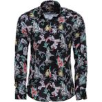 Wessi Çiçek Kuş Desenli Slim Fit Uzun Kollu Siyah Erkek Gömlek - Beyaz