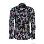 Wessi Çiçek Kuş Desenli Slim Fit Uzun Kollu Siyah Erkek Gömlek