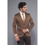Wessi Erkek Çift Yırtmaç Omuz Parçalı Slim Fit Ceket - Taba - 46