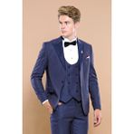 Wessi Erkek Çıkma Yaka Yelekli Slim Fit Takım Elbise - 44 - 6 Drop - Koyu Mavi