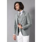 Wessi Erkek Çizgili Ceketli Yelekli Slim Fit Takım Elbise - 52 - 6 Drop - Yeşil