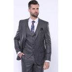 Wessi Erkek Çizgili Slim Fit Yelekli Takım Elbise - 46 - 6 Drop - Gri