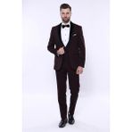 Wessi Erkek Desenli Velvet Çıkma Yaka Slim Fit Takım Elbise - 44 - 6 Drop - Bordo