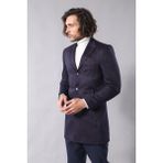 Wessi Erkek Ekose Desenli Kaşe Kumaş Slim Fit Kısa Palto - Koyu Mavi - 52