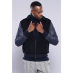 Wessi Erkek Kol Deri Slim Fit Kaşe Şişme Mont - Lacivert - 54