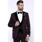 Wessi Erkek Kruvaze Yelekli slim Fit Takım Elbise - 52 - 6 Drop - Bordo
