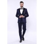 Wessi Erkek Slim Fit Desenli Velvet Yaka Takım Elbise - 48 - 6 Drop - Lacivert