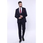 Wessi Erkek Slim Fit Kendinden Desenli Yelekli Takım Elbise - 46 - 6 Drop - Lacivert