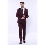 Wessi Erkek Slim Fit Kendinden Desenli Yelekli Takım Elbise - 50 - 6 Drop - Bordo