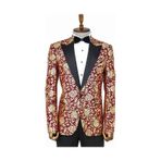 Wessi Gold Gül Desenli Slim Fit Bordo Erkek Smokin Ceket