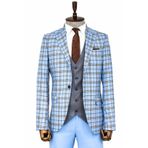Wessi Gri Yelekli Slim Fit Ekose Açık Mavi Erkek Takım Elbise