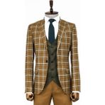 Wessi Kahverengi Yelekli Slim Fit Ekose Taba Erkek Takım Elbise - Wessi - 46