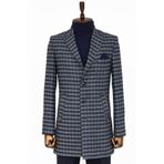 Wessi Kaşe Kareli Geniş Yaka Slim Fit Lacivert Erkek Palto
