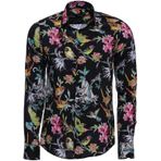 Wessi Kuş Ve Çiçek Desenli Slim Fit Uzun Kollu Siyah Erkek Gömlek