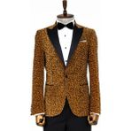 Wessi Leopar Desenli Slim Fit Dik Yaka Sarı Erkek Balo Ceket - Wessi - 48